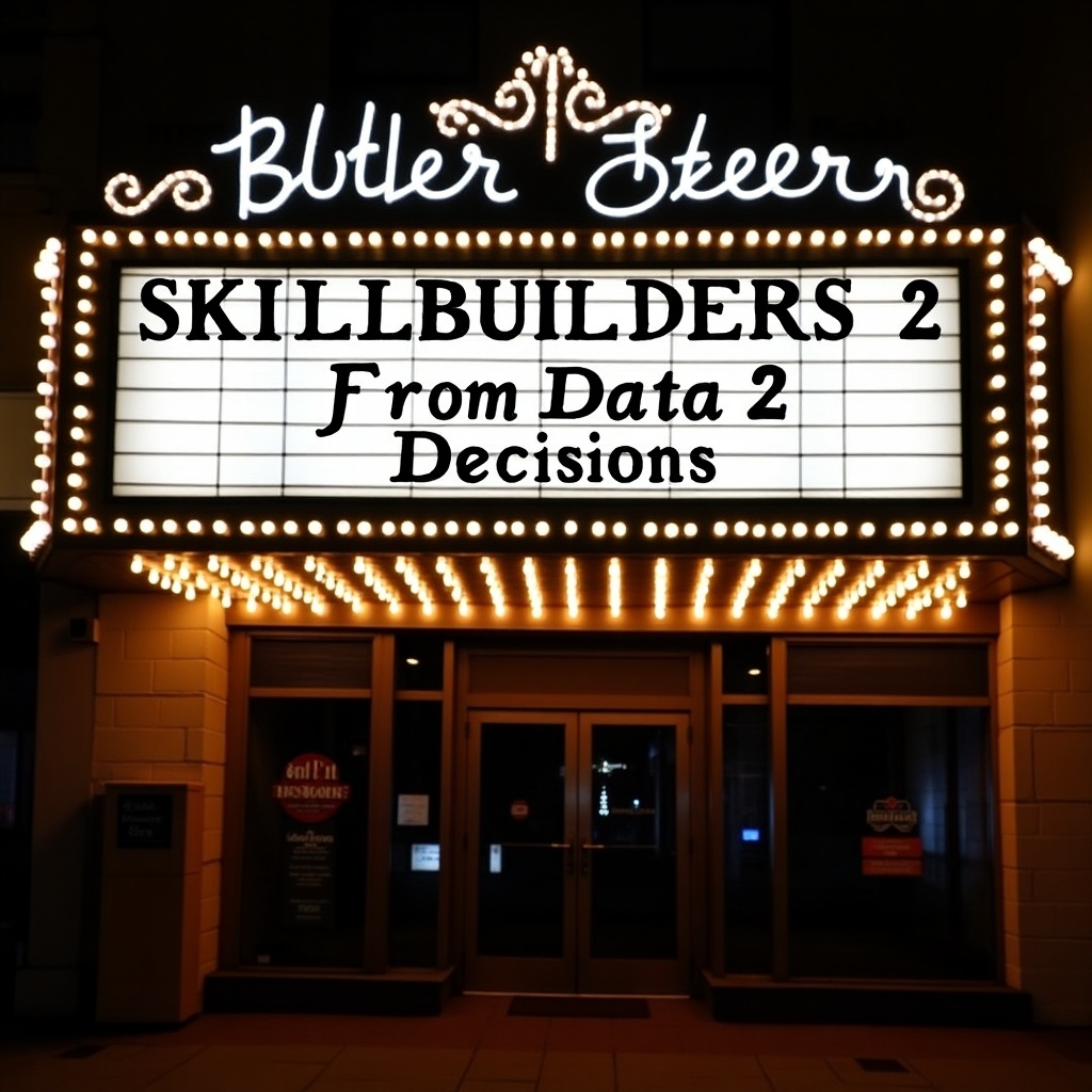 Classic movie marquee sign illuminated with bright lights. Displays 'SKILLBUILDERS 2: FROM DATA 2 DECISIONS'. Name of establishment elegantly written in cursive. Warm atmosphere ideal for social gatherings. Community hub for entertainment.