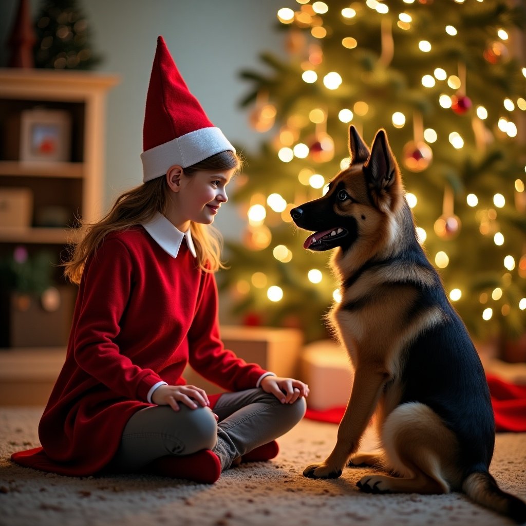 A Christmas scene featuring a girl in a red dress playing with a German Shepherd dog in front of a lit Christmas tree. The dog sits happily beside her. The room is decorated for the holidays.