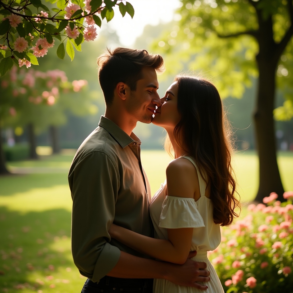 A couple is sharing a romantic kiss in a lush green park. The scene is illuminated by soft daylight filtering through the trees, creating a warm and inviting atmosphere. Flowers bloom around them, adding color to the tranquil setting. This intimate moment captures the essence of young love and romance. The couple appears happy and connected, showcasing their affection for each other in a natural environment.