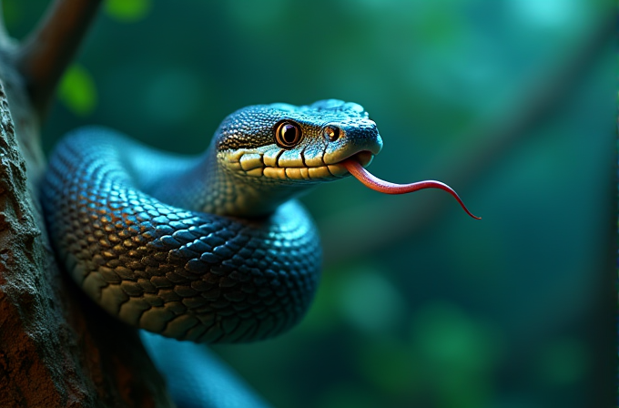 A snake with a blue and green pattern is coiled on a branch, flicking its tongue.