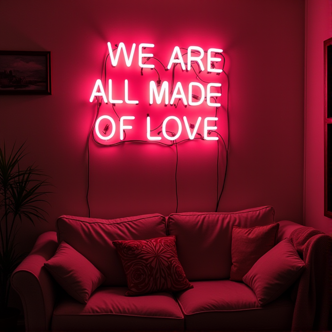 A neon sign with the words 'WE ARE ALL MADE OF LOVE' hangs above a cozy pink couch.