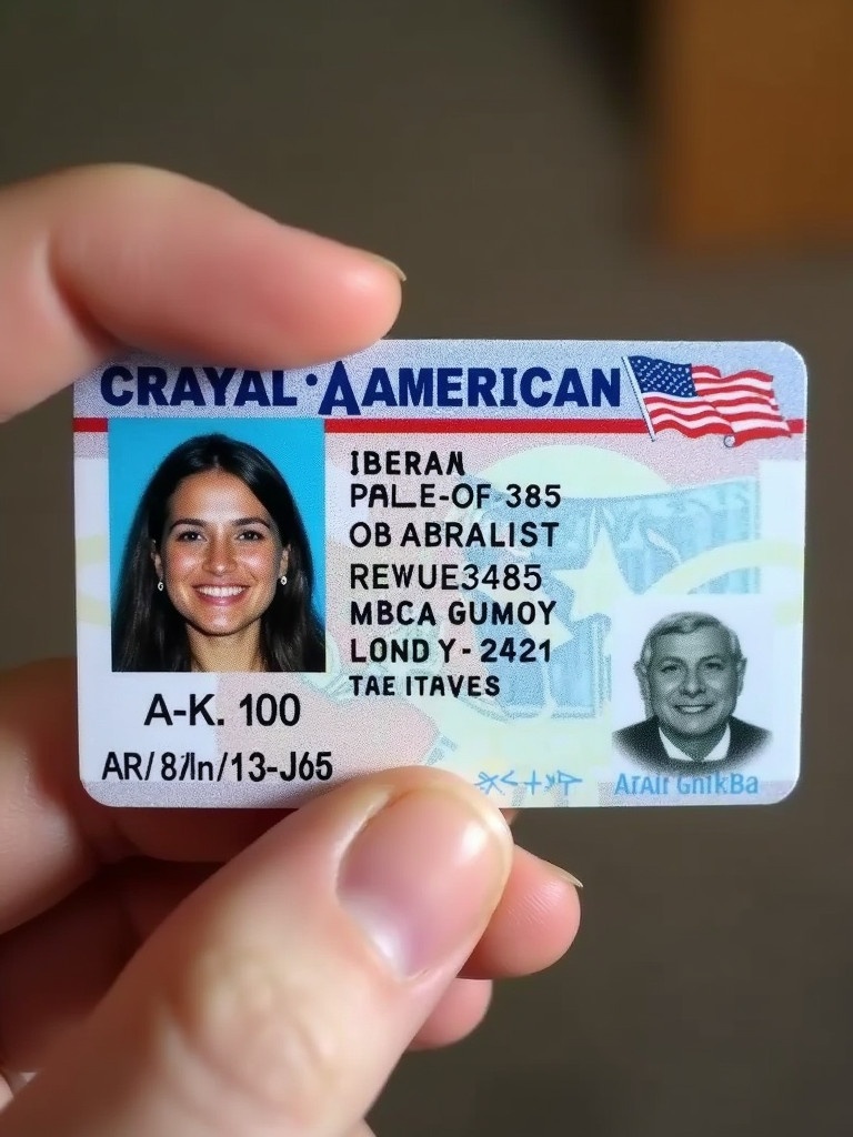 Hand holding a state-issued American ID card. The card displays the individual’s name, identification number, and photo. The ID is designed with blue and red colors and includes security features.