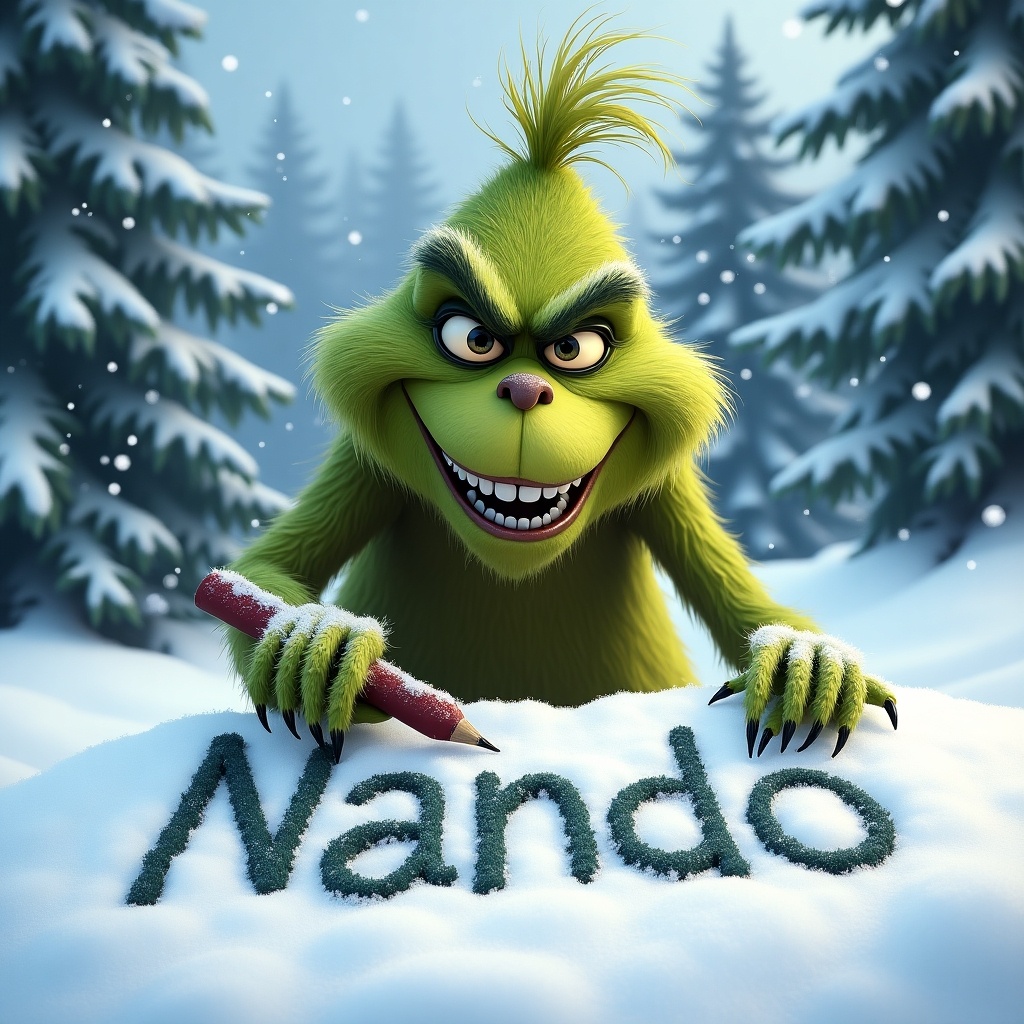 The Grinch is writing the name Nando in the snow with a red crayon. The scene is wintery with snow-covered trees in the background.