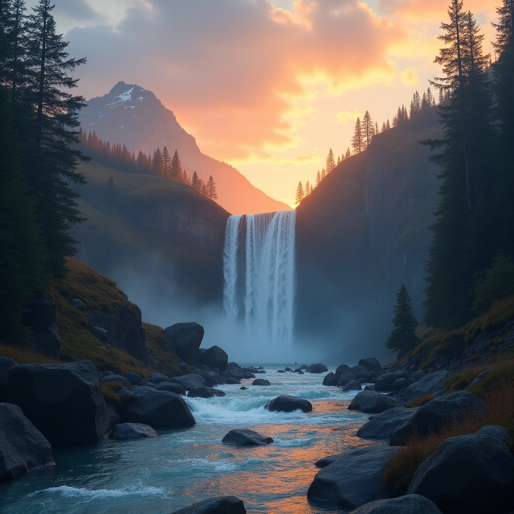 A surreal landscape featuring mountains and a river with a big waterfall at sunrise. The sun is behind the camera, showcasing vibrant sunrise colors.