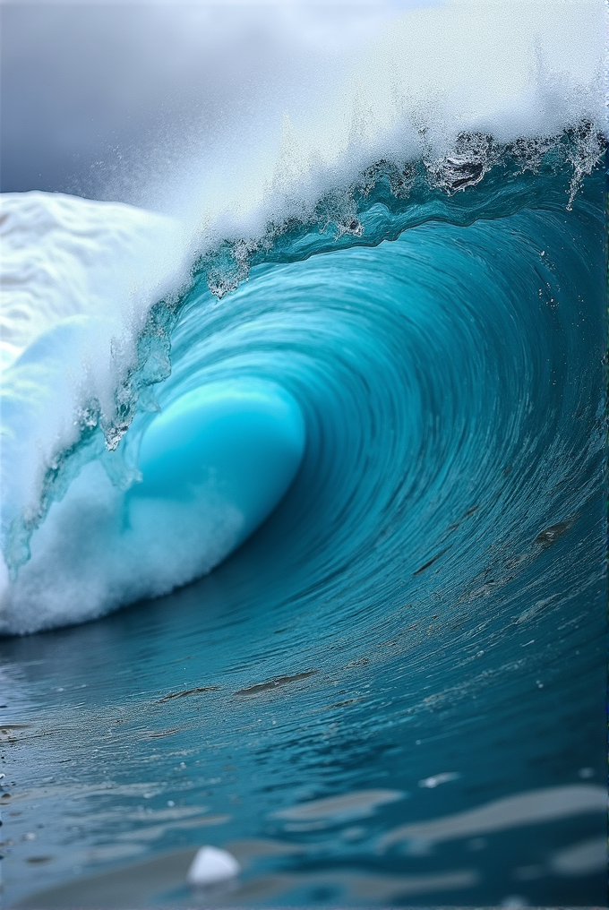 A powerful ocean wave forming a stunning turquoise barrel, with frothy white water cresting at the top under a cloud-filled sky.