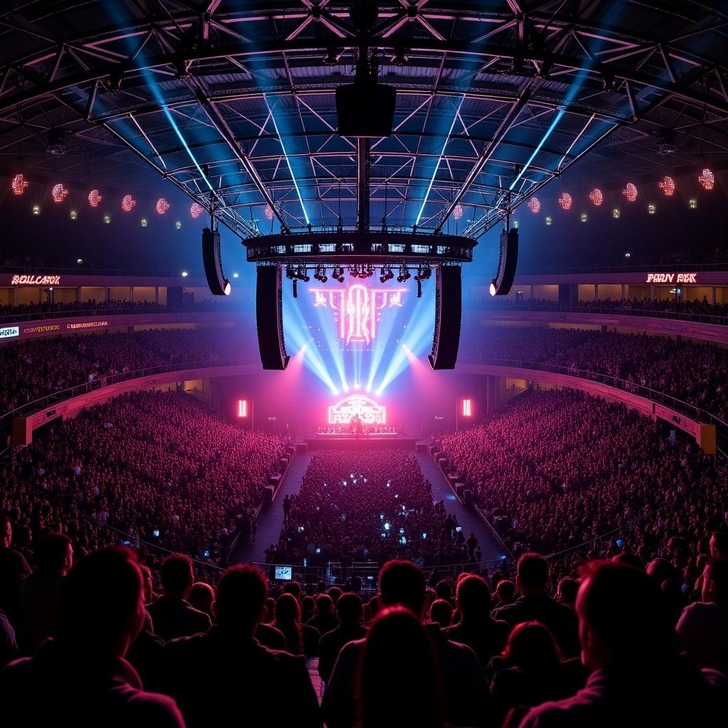 Concert featuring Roddy Rich at Madison Square Garden with a T-stage runway. Aerial view from a drone showing a crowded audience and vibrant stage lighting.