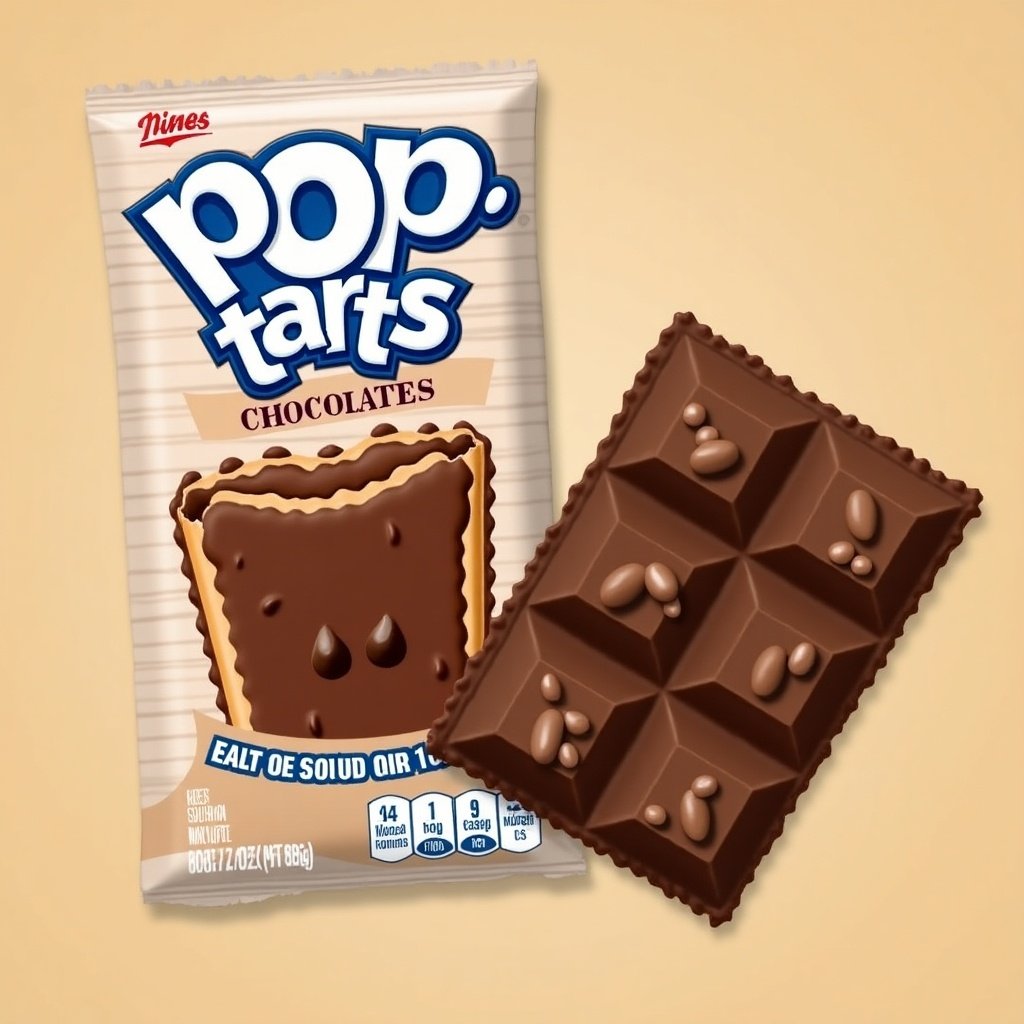 Pop tarts chocolate with cover packaging. The packaging features a chocolate flavored design. A chocolate bar is next to the packaging.