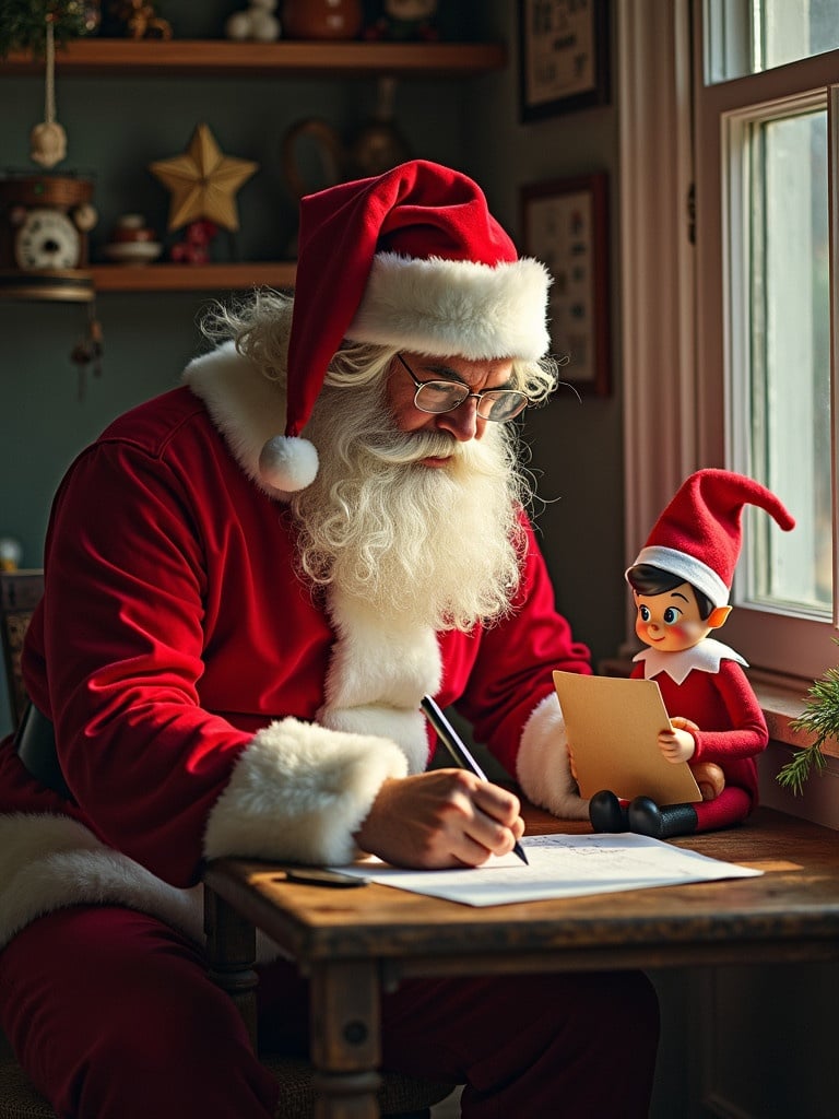 Real Santa writing letters. Elf on a Shelf holding a sign. Cozy holiday setting with decorations.