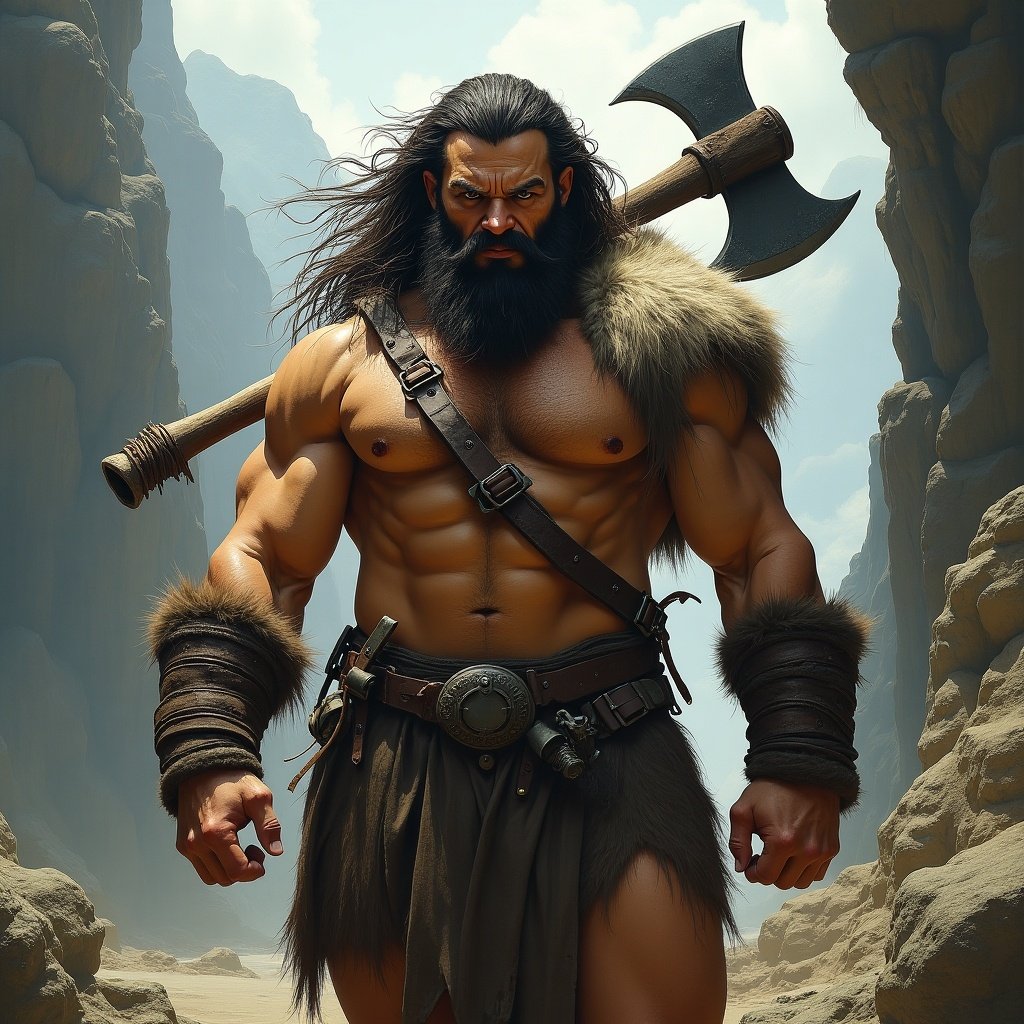 Portrait of a muscular barbarian warrior with an axe and fur attire standing in a canyon