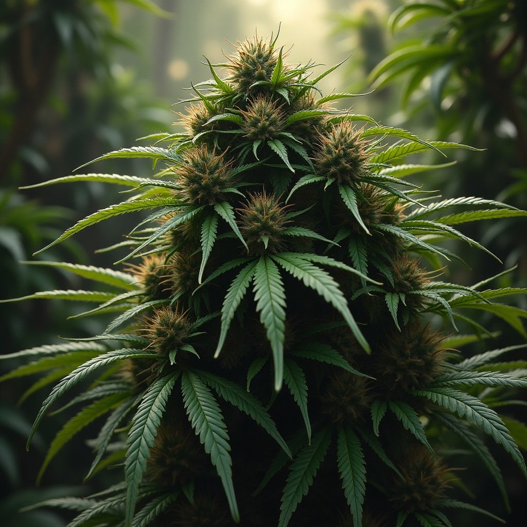 Close-up of a lush cannabis plant with dense buds. Soft light filtering through surrounding greenery. Focus on vibrant green leaves and intricate details of the plant.