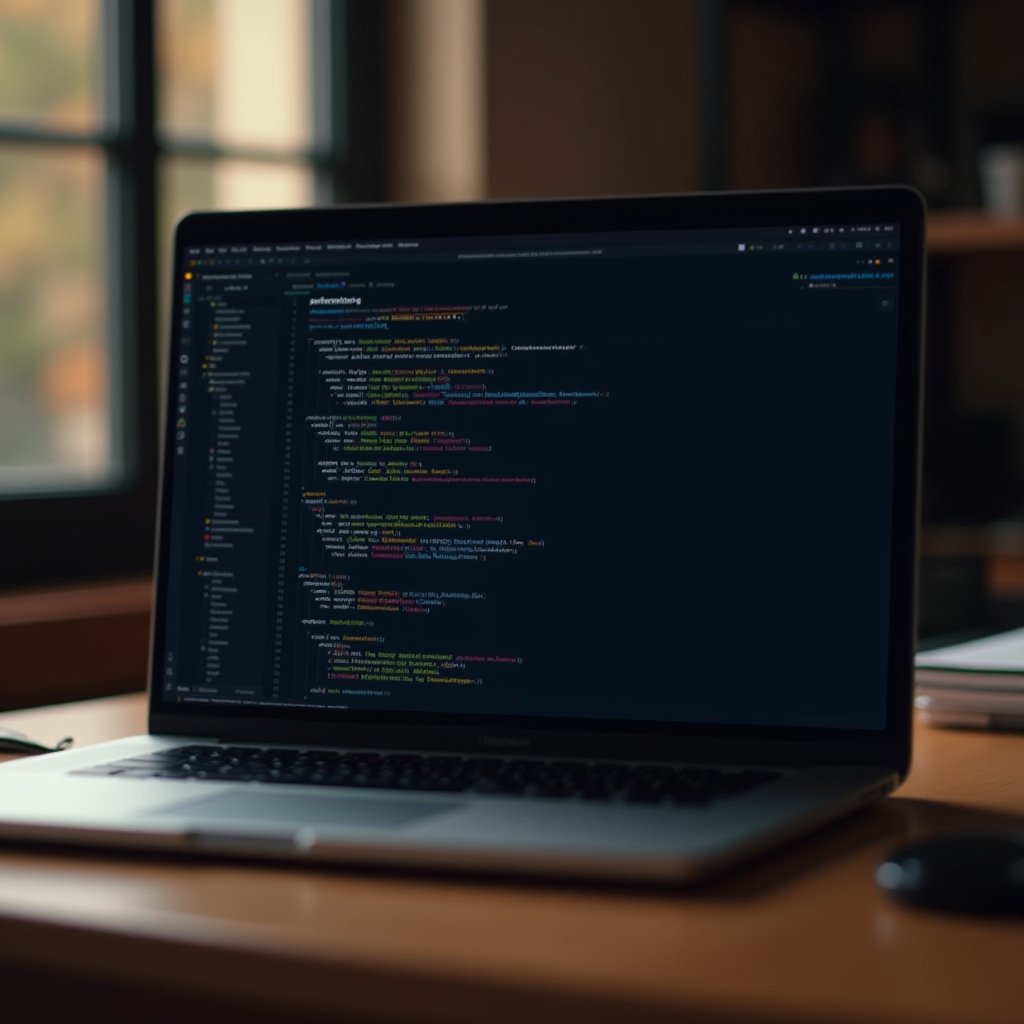 A laptop displaying colorful code on its screen, set on a wooden desk by a window with natural light.