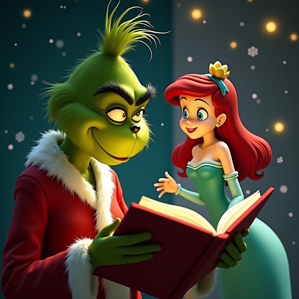 Grinch in a Santa outfit holding a book with Ariel beside him. They are surrounded by a festive atmosphere with snowflakes in the background.