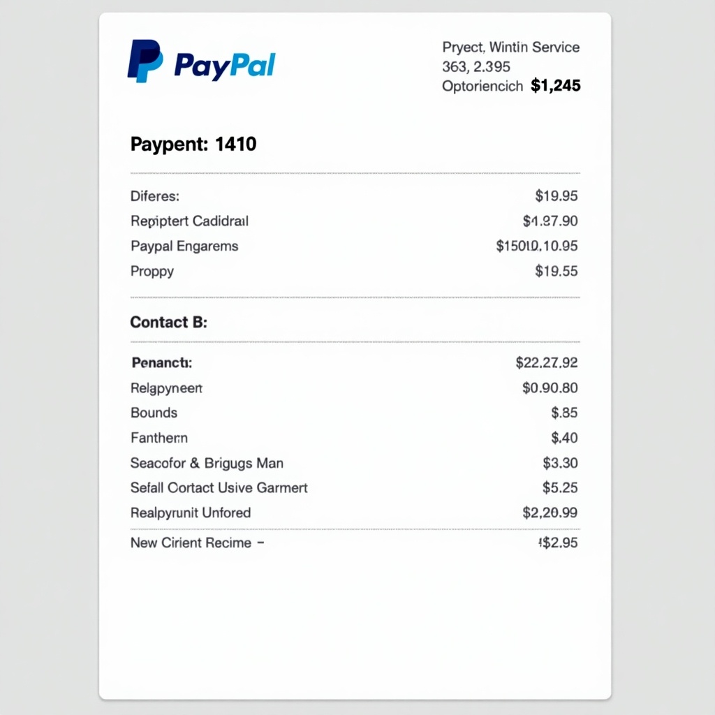 PayPal payment receipt displaying a transaction amount of $1,245. It includes a list of services with corresponding charges. Features PayPal logo for trust. Contact details provided for transparency. Design is clean and professional. 