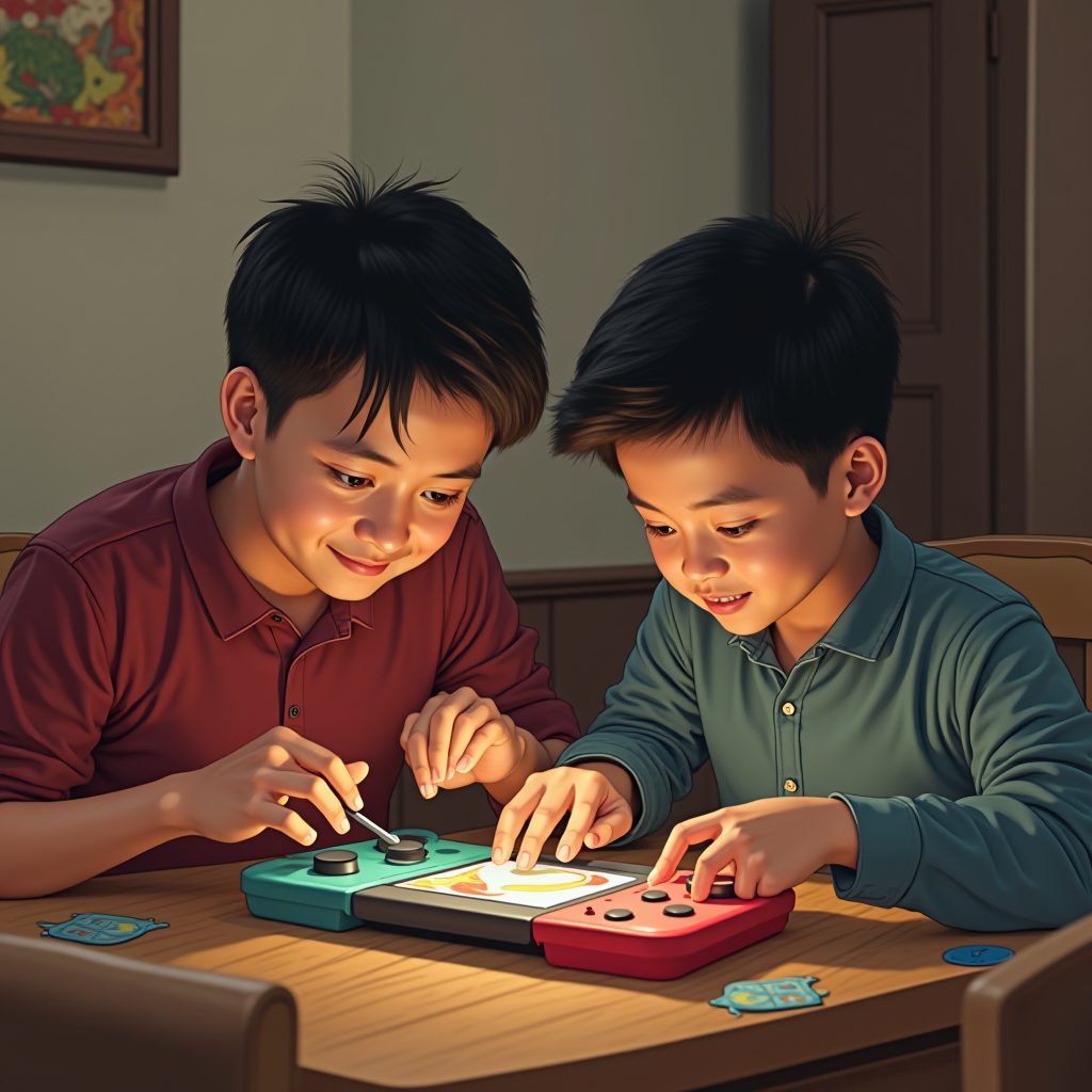 Two boys excitedly playing a portable video game together.