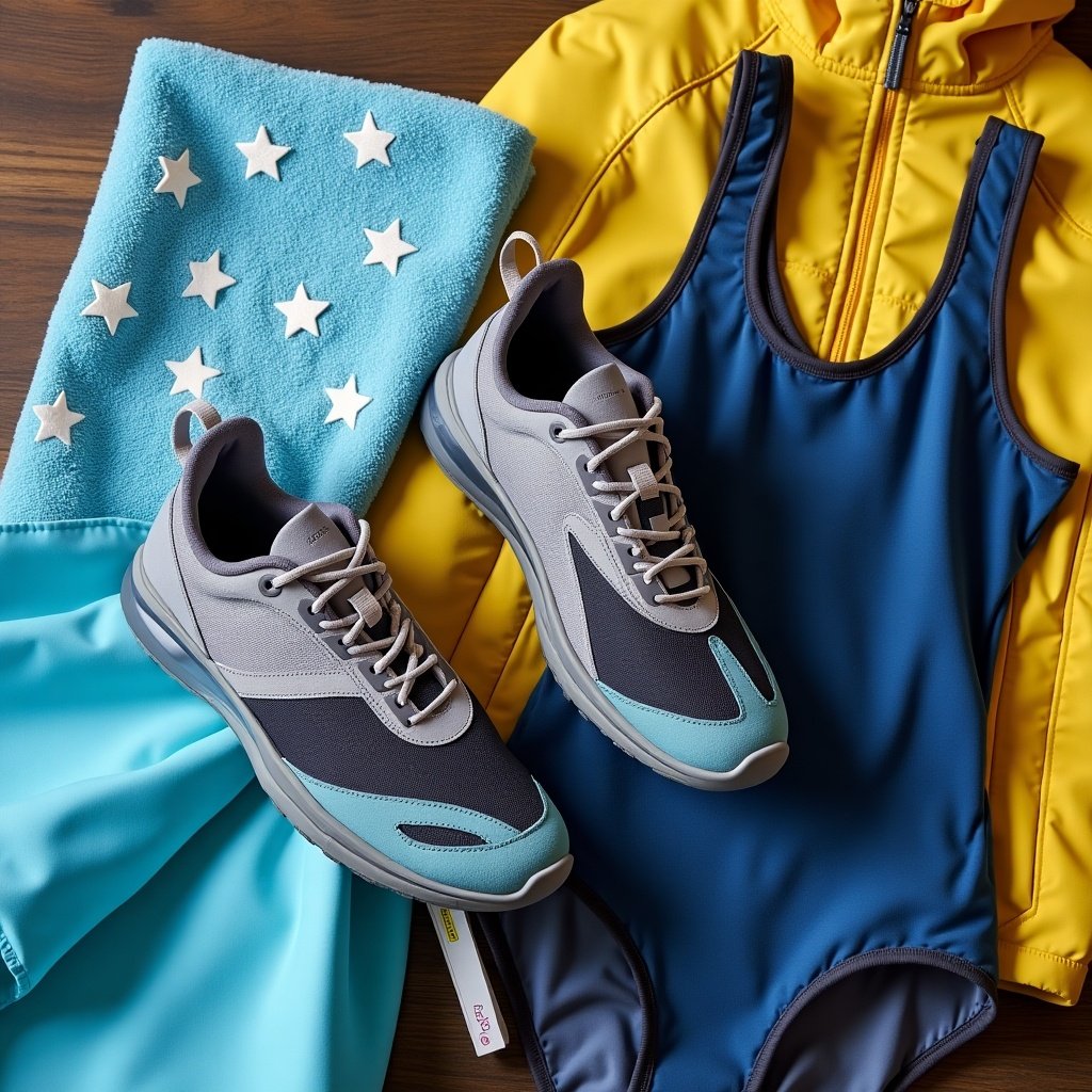 An inviting arrangement featuring swimwear, a towel, a pair of climbing shoes, and outdoor gear. Shows a vibrant mix of activity-related clothing and accessories. Bright colors and organized layout creates an engaging visual for adventure enthusiasts.