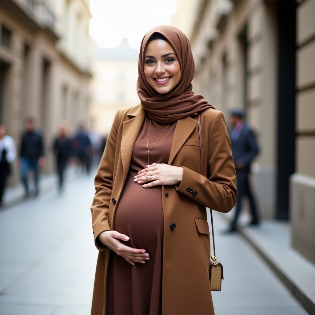 A stylish pregnant woman wears a brown hijab. She stands in an urban setting and smiles warmly. Dressed elegantly, she projects confidence.