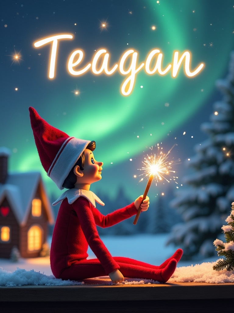 An elf on the shelf sits back to the viewer. The elf gazes skyward while holding a glowing wand emitting sparkling light. The background displays a charming Christmas scene with colorful northern lights. A cozy decorated house appears in the distance. Snow covers the ground. The elf embodies the spirit of magic and wonder of Christmas. The name Teagan is written in sparkles in the air.