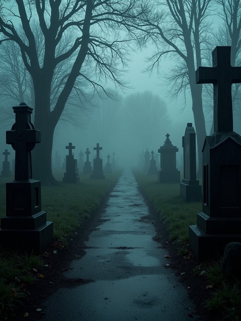 A gloomy cemetery with rain-soaked pathways covered in fog. Shadows of trees are visible in the distance. The atmosphere has an eerie and supernatural feel. Sounds of animals and whispers can be felt in the air.