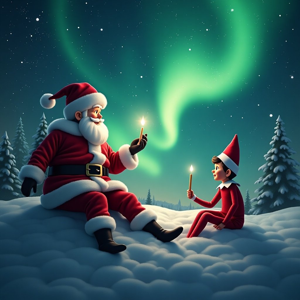 Scene of Santa Claus and an elf sitting on snowy ground under the northern lights. They are holding candles and looking at the sky. The atmosphere is magical and festive.