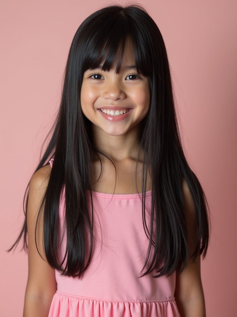 A cute young girl presents a straight long black hair look while wearing a pink dress. The background is pastel pink to complement her outfit. She stands confidently in the frame.