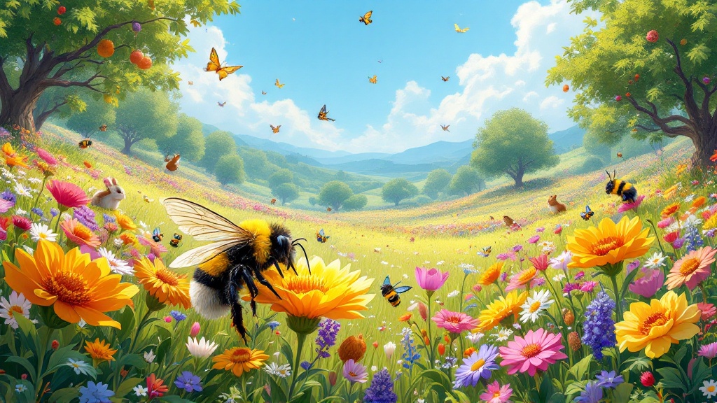 A solarpunk-inspired comic-style illustration. The scene depicts a meadow filled with colorful flowers and fruit trees. Various insects flutter around including butterflies dragonflies and buzzing bees. A fluffy bumblebee is pollinating a flower in the foreground. Wildlife like birds rabbits and squirrels are present under fruit trees. The atmosphere is peaceful and alive with soft textures and dynamic lighting.