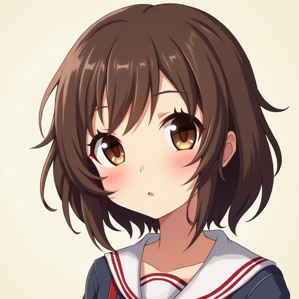 Anime character with brown hair and brown eyes. Cute makeup style. Front view with soft expression. School uniform with a sailor collar.