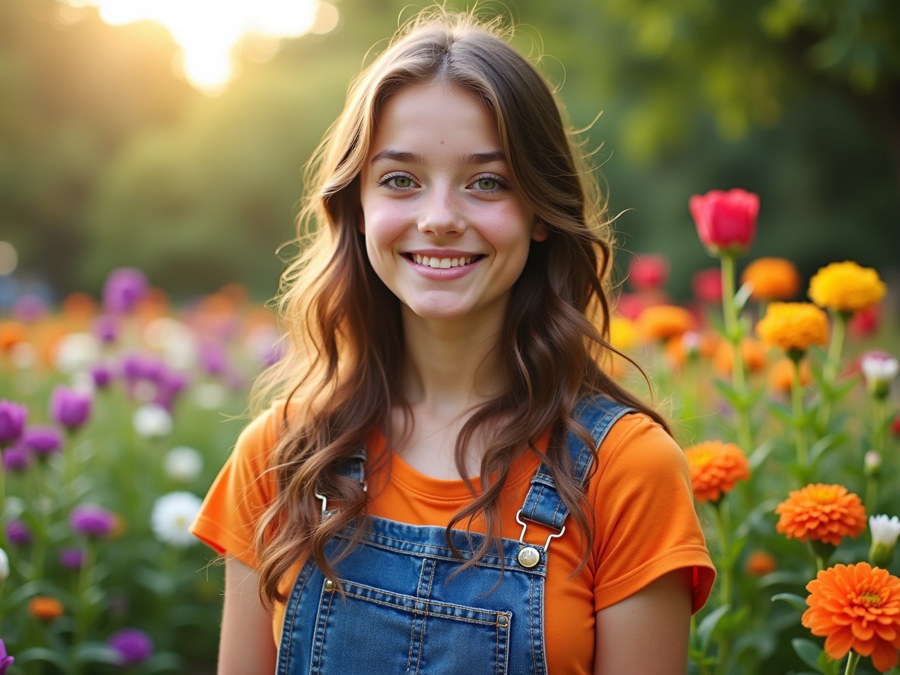 The image shows a young woman standing in a garden filled with colorful flowers. She has long, wavy hair and is wearing a denim overall with a bright orange top underneath. The background is lush with greenery and various blooming flowers, creating a vibrant and lively atmosphere. The sunlight filters through the leaves, casting a warm glow on her face. She has a gentle smile that adds to the serene and cheerful vibe of the scene.