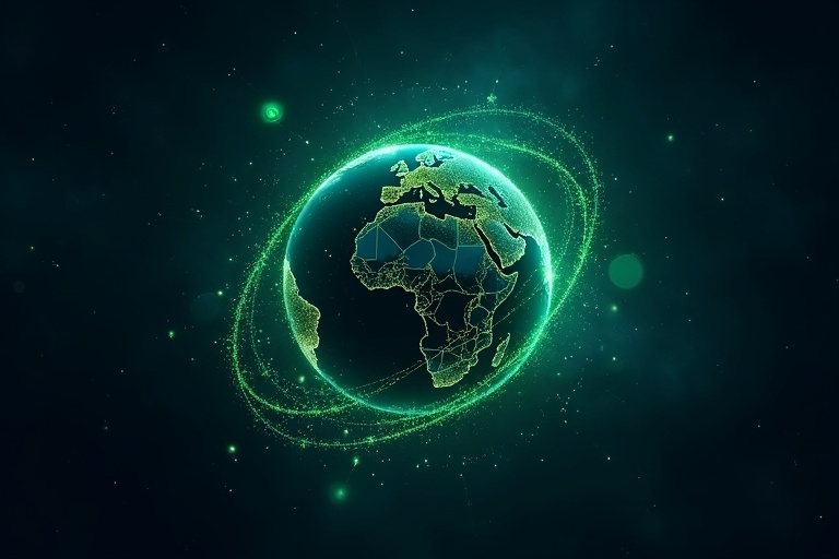 A dark blue starry background surrounds a glowing globe that showcases Africa. Green glowing connection lines wrap around the globe illustrating network themes. Subtle green particles float around representing growth and renewal.