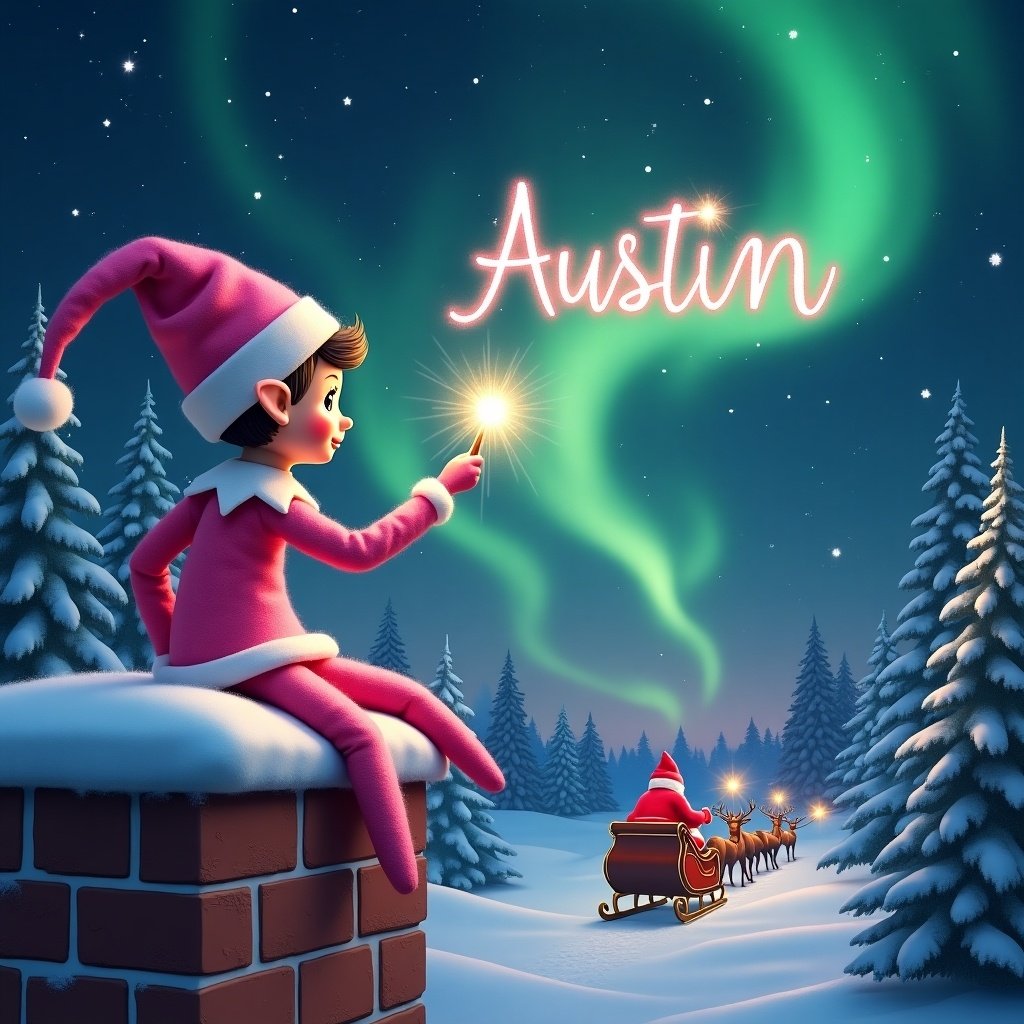 Pink elf on a shelf sitting on chimney writing the name Austin in the night sky. Magical moment with sparkling wand and northern lights in background. Snow-covered trees and Santa Claus can be seen in distance. Whimsical holiday spirit suitable for families.