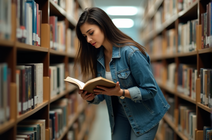 A woman is reading a book in a library aisle, surrounded by shelves of books.