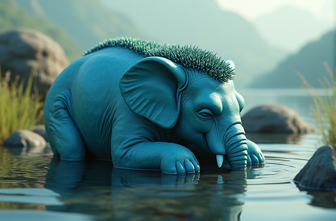 A fantastical blue elephant with a mane of grass rests beside a tranquil lake surrounded by rocks and lush greenery.