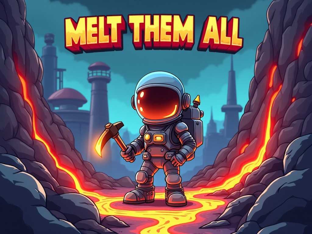 A cartoon space explorer standing on a lava planet. The astronaut is on a path with flowing lava, holding a pickaxe, with industrial buildings in the background. The text 'MELT THEM ALL' is in bold above.