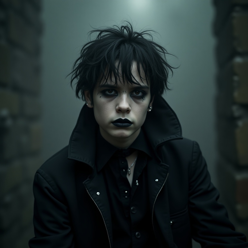 This image features a Gothic boy who has suffered growing up. He possesses a dark personality that emanates from his expressive features. His attire suggests a blend of Gothic fashion, with a long coat and dark makeup enhancing his aesthetic. The moody lighting contributes to the overall somber feel, hinting at deeper emotional experiences. The background is blurred, focusing attention on the boy's intense gaze, which captures the complexities of his character. The overall atmosphere conveys both beauty and darkness, typical of Gothic art.