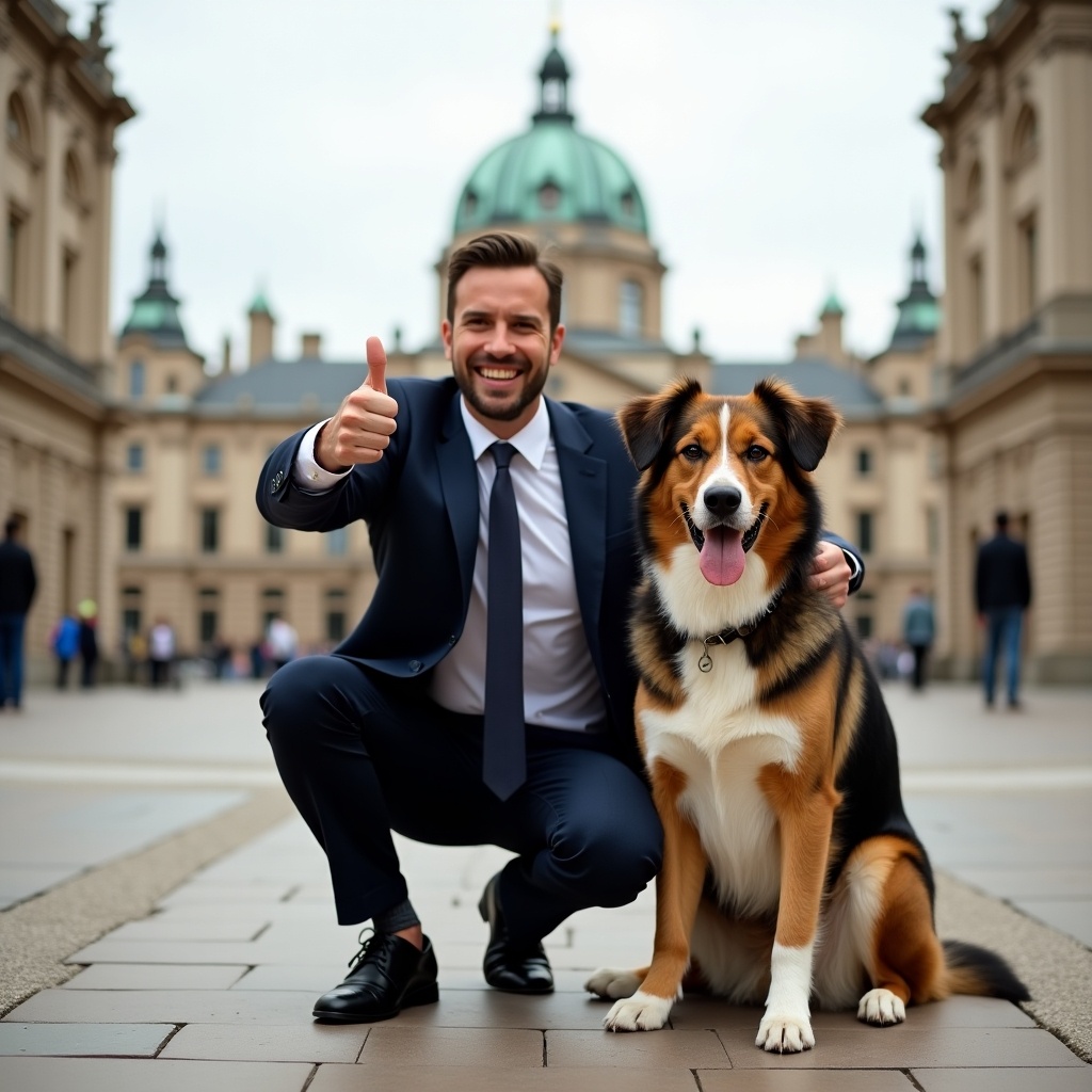 A man in a suit kneels beside a happy dog. He is giving a thumbs-up. A grand building is in the background.