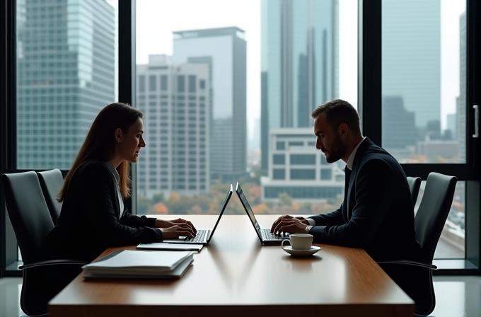 A man and a woman sit facing each other at a conference table, both working on laptops with a cityscape visible through large windows.