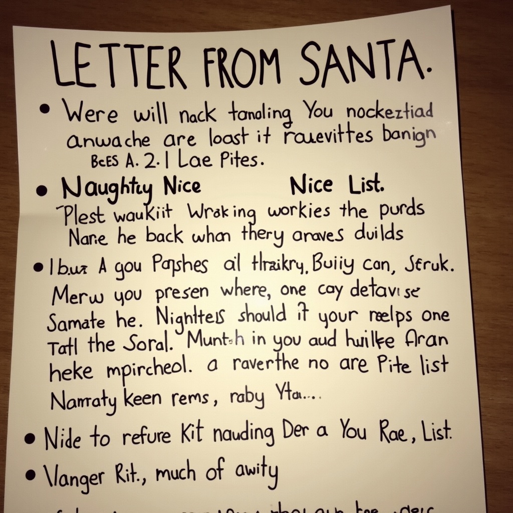 Letter from Santa shows a Naughty and Nice list. Nice list includes Reese, Ruby, Rae. Naughty list mentions Kit, Pita with notes on improvement.