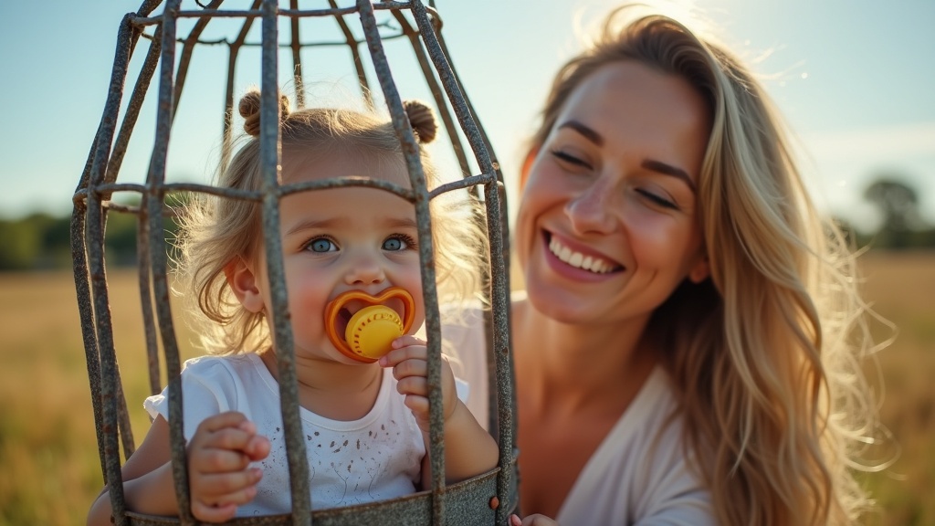 Mother interacts with daughter inside a large medieval metal cage. Smiling expressions on both. Daughter holds a big pacifier. Bright sunny day in an outdoor setting.