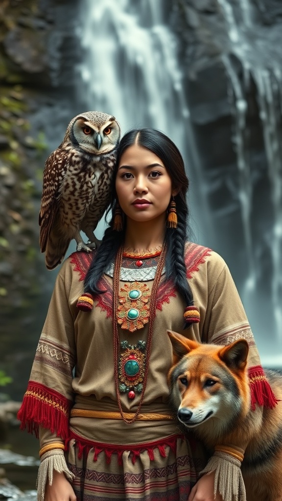 A woman in traditional attire stands with an owl perched on her shoulder and a fox by her side in front of a waterfall.