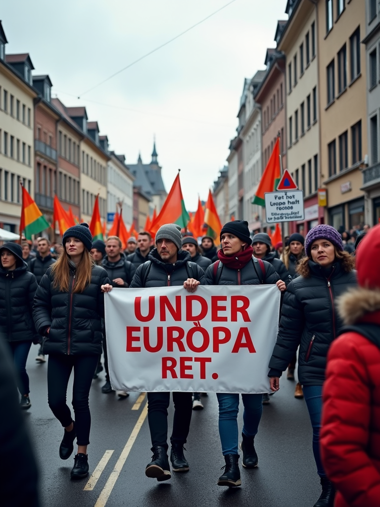 A group of people in winter clothing are holding a banner in a street protest.