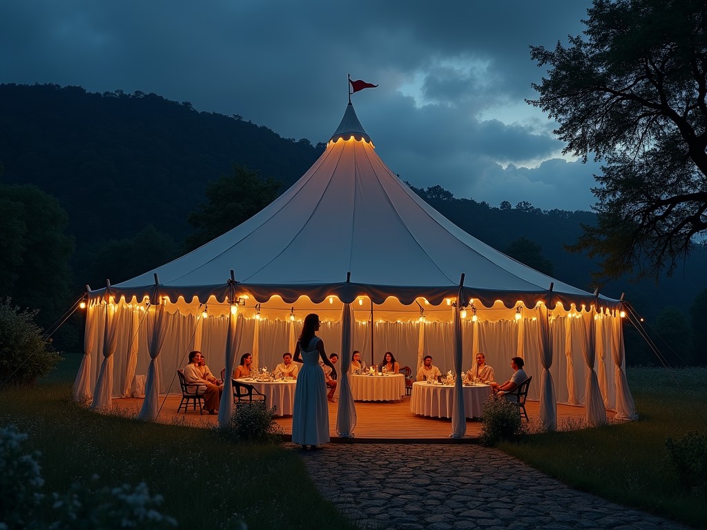 In a picturesque outdoor setting, a group of people enjoy a cozy evening under a grand, illuminated tent. The warm glow from inside the tent creates a soft contrast against the dark, cloudy sky and surrounding trees. This scene exudes a sense of peacefulness and elegance, capturing the essence of an intimate gathering in nature.