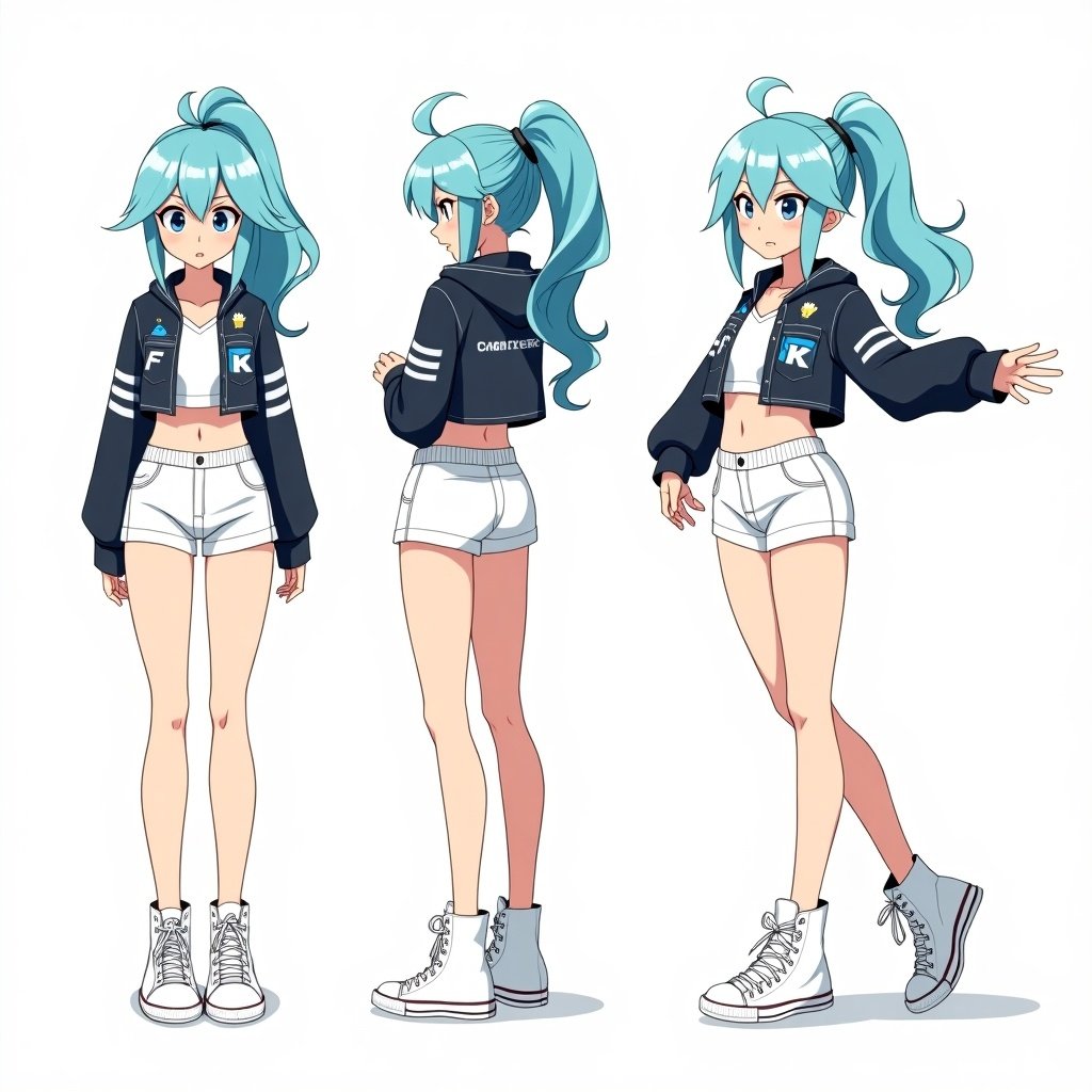 Illustration of an athletic female character with long blue hair styled in a ponytail. Wears a cropped black denim jacket with blue and white accents, white short shorts, and high white converse shoes. Shows four poses: mildly annoyed, sad, arms crossed, and leaning against the wall with a smirk. Sketchy anime art style with soft outlines.