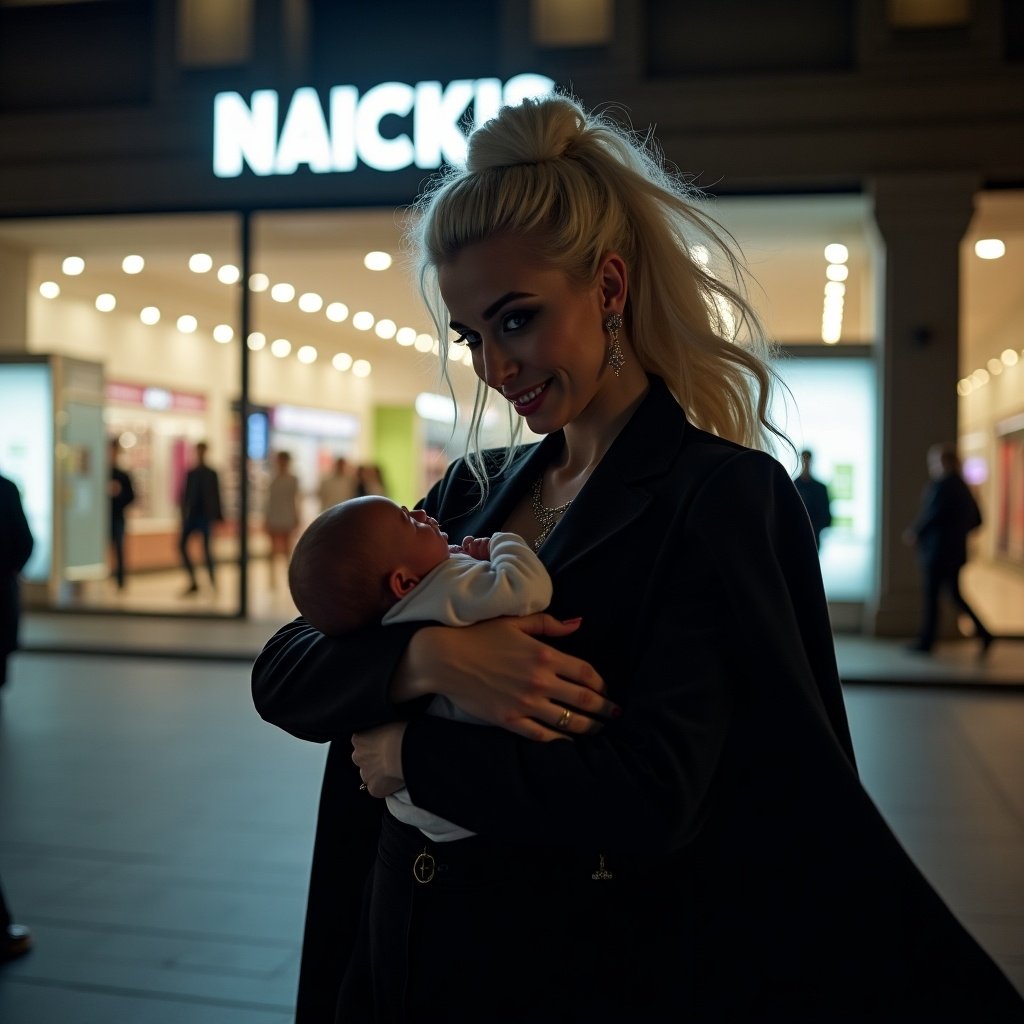 Evil lady Gaga standing outside of a shopping mall during the night holding a newborn baby