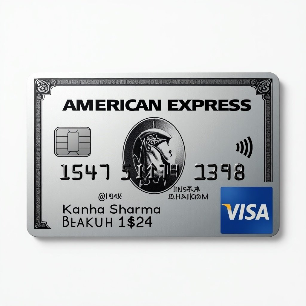 Realistic image of a platinum credit card. Visa logo prominently displayed. Cardholder name is Kanha Sharma. Expiry date is March 2028. Modern and elegant silver background with bold black font.