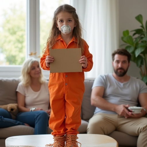 Bright living room with natural light. A 10 year old girl stands on a table wearing an orange jumpsuit. She holds a cardboard sign. Her hands are tied up while pretending to be a slave in play. The atmosphere is light-hearted and fun. Furniture surrounds her.