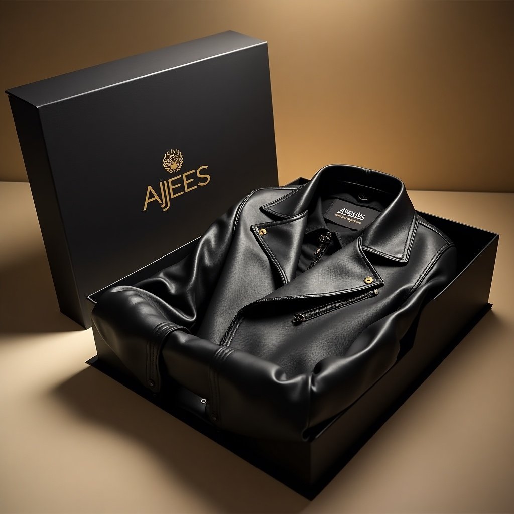 Luxurious black leather jacket in stylish Ajees packaging. Black box with gold accents. Delicate tissue paper covers the jacket. Warm lighting enhances sophistication. Neutral background keeps focus on jacket and packaging.