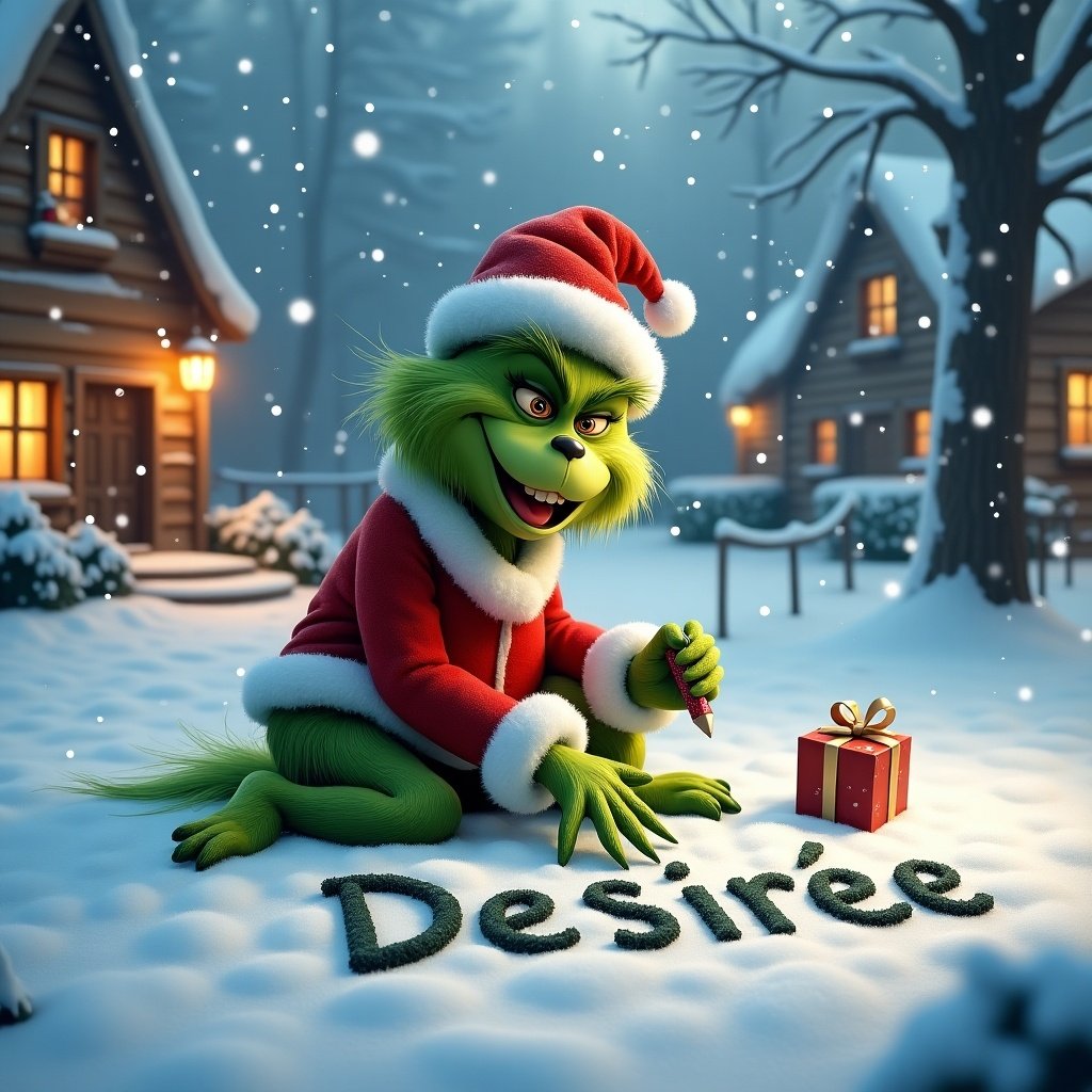 Grinch writes name Desirèe in snow. Snowy landscape. Grinch in red and white Christmas outfit. Writing name in fresh snow. Snowflakes fall around. Joyful expression. Cozy cottages with warm lights. Captures creativity and holiday spirit.