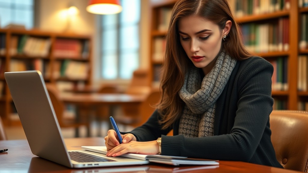 A woman in a library, writing notes in front of a laptop.