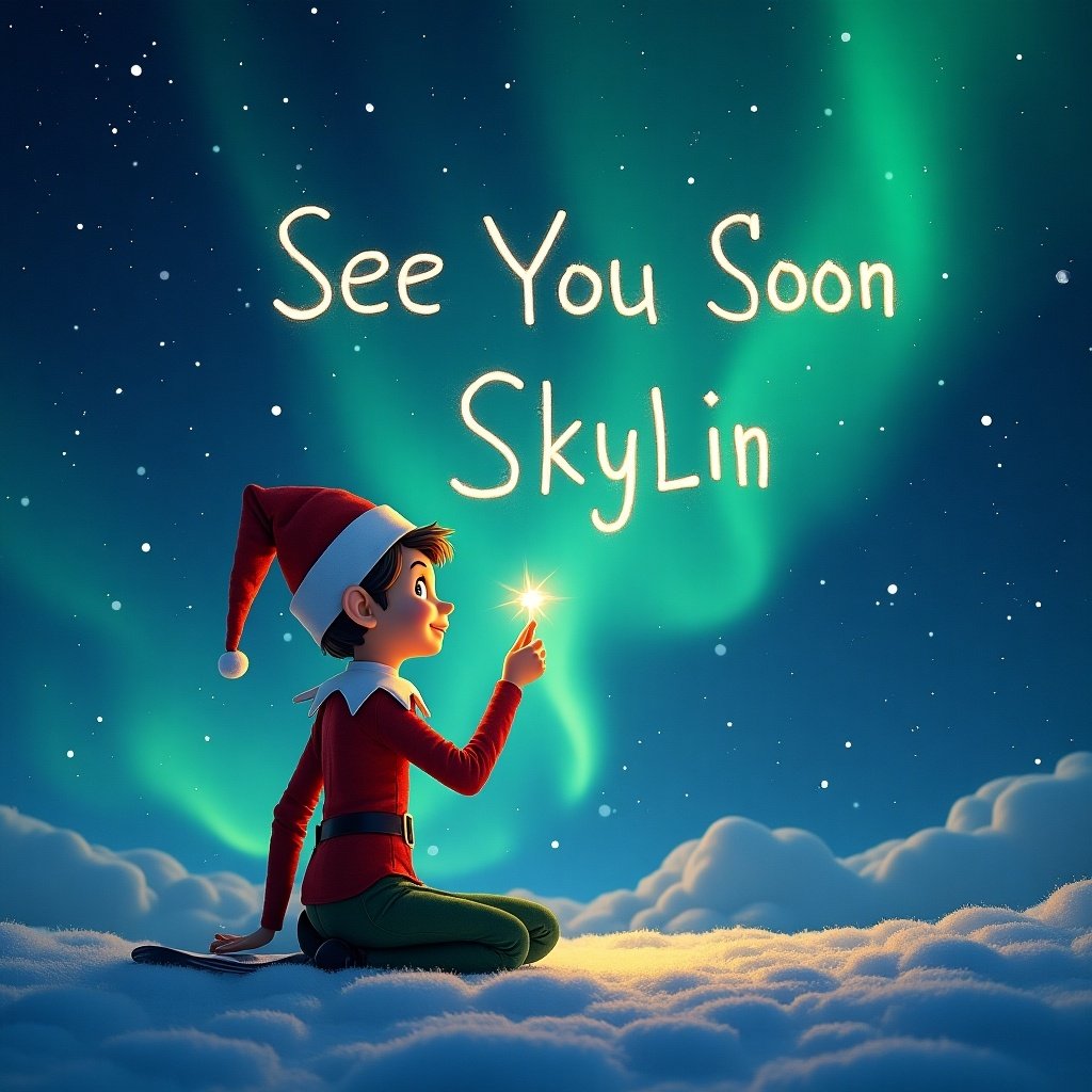 The image features an animated elf sitting on a soft cloud in a beautiful night sky, illuminated by the enchanting northern lights. The elf is dressed in a red outfit and Christmas hat, concentrating on a glowing star in their hand. Above the elf, the phrase 'See You Soon SkyLin' is written in a whimsical, bright font, adding an element of magic to the scene. The atmosphere is cheerful and festive, perfect for the holiday season. This illustration captures the joy and wonder associated with Christmas and magical traditions.