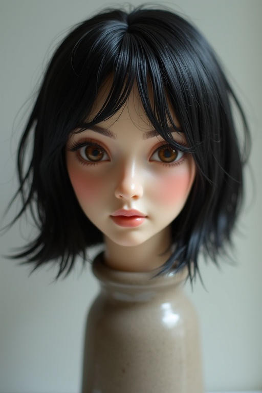 Realistic female head with a stylish black hairstyle positioned in a beige vase. The head represents artistic expression and hair design. Focus on the appealing hairstyle while ensuring the neutral background enhances the overall presentation.