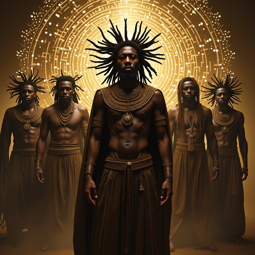 Seven ancient African male druids with dreadlocks. They are engaged in creating sound using cymatics. The setting emphasizes sacred geometry and mystical elements.